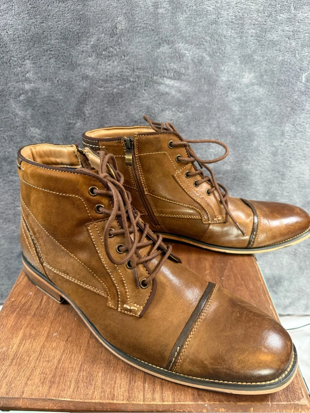 Steve Madden Tan Brown Leather Jeffries JEFR01M1 Lace-Up Boots 10